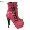 Rontic Frauen Winter Stiefeletten Plattform Lack leder dünne High Heels runde Zehen schöne blau rosa Party Schuhe uns Größe 5-20