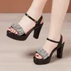 8 10 13 cm Kleine Größe 32-43 Elegante Schwarze Strass Block High Heels Sandalen Sommer 2024 Plattform Schuhe Frauen für Büro Modell