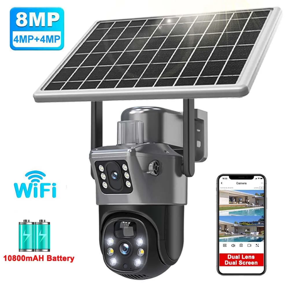 4K 8MP Dual-Lens-Solarkamera, drahtlose Überwachungskamera für den Außenbereich, Sicherheitsschutz WiFi-Überwachungskameras, mit 7,5-W-Solarpanel, PIR-Personenerkennung PTZ IP-Kamera,