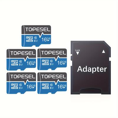 TEMU Topesel 5pack 64gb/32gb/16gb Card With Adapter Class 10 U1 Sdhc Storage Card For Smartphones, Tablets, Cameras, Dash Cams, Safety Cameras, Tablets, Blue