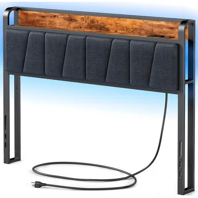 Large headboard with shelf with LED lights, USB port and charging station, padded back,