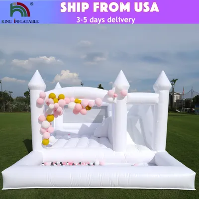 Commercial Inflatable White Bounce House for Kids, Water Slide with Ball Pit, Jumping Castle,