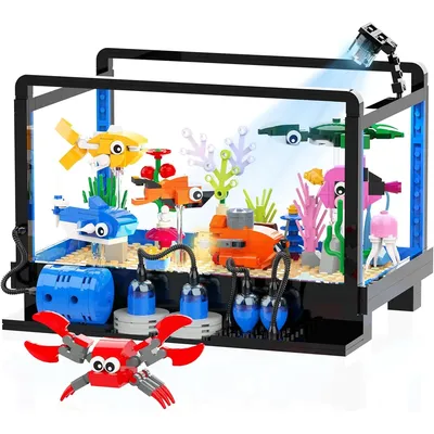 Fish Tank Building Block Set, Lighting Aquarium Kit Included Marine Life, Submarine and Treasure