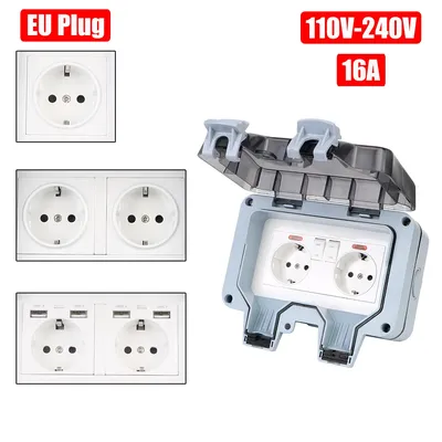 Double EU Socket AC 110~240V Power Supply Switch Socket 16A for Home& Garden IP66 Weatherproof