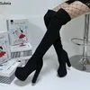 Sukeia neue Frauen Winter über Knie Stiefel Plattform Wildleder klobige Absätze runde Zehen elegante schwarze Party Schuhe Damen uns Größe 5-20