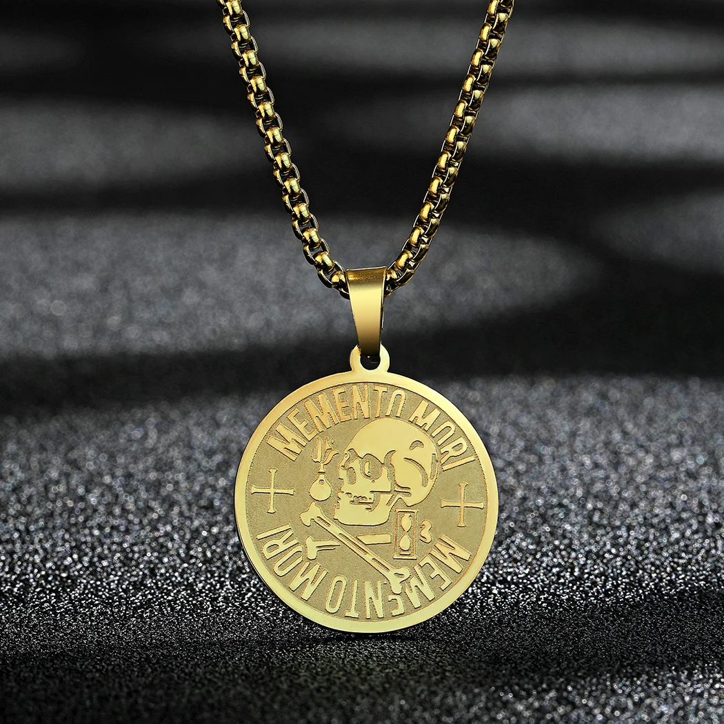 Kinitial Steampunk Schädel Halskette Für Männer Edelstahl Schmuck Memento Mori Philosophie Stoic Amor Fati Anhänger Halskette Image