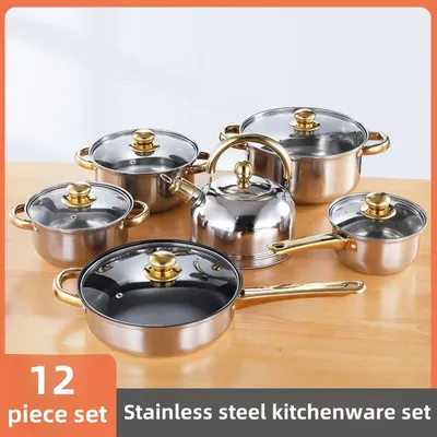 Thickened stainless steel pot set, soup pot, milk pot, frying pan with water kettle, 12 piece set of cookware combination gift