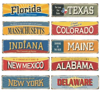 Vintage New York Texas Iowa Street Metallblechschild Home Wall Decor Vergnügungspark Scenic Retro Image