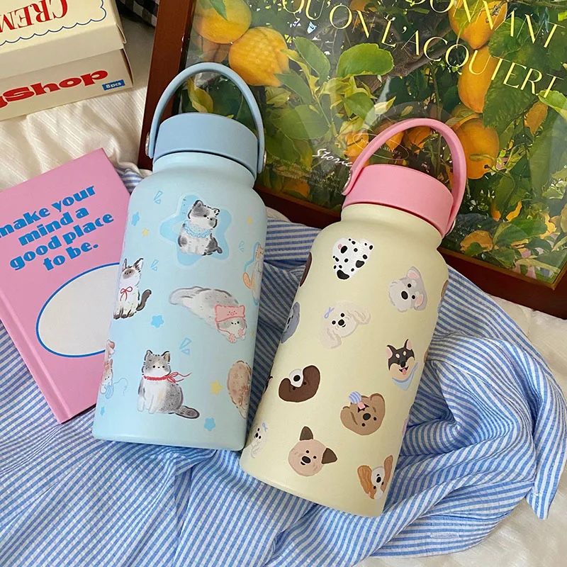 650ml niedliche Thermoskanne Edelstahl Isolier becher tragbarer Griff große Kapazität Kaffee Thermo tasse Schule Outdoor-Reise kessel Image