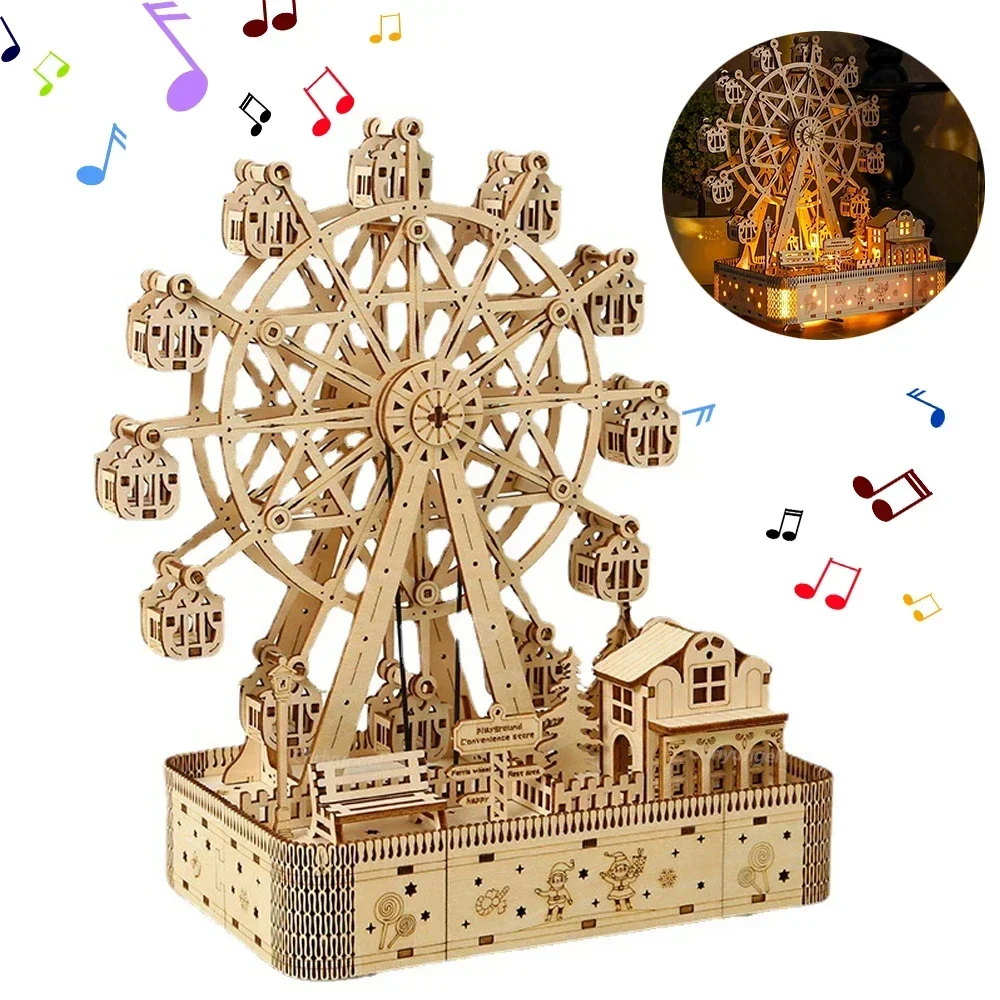 Ferris Wheel Music Box Model with LED Light 3D Wooden Puzzle DIY Assembly Building Kit Home Decoration Crafts Adults Kids Gift