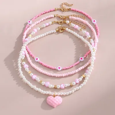 New Jewelry Pink Love Butterfly Pendant Imitation Pearl Rice Beads Handmade Beaded Children Necklace suit Good Friend Gift
