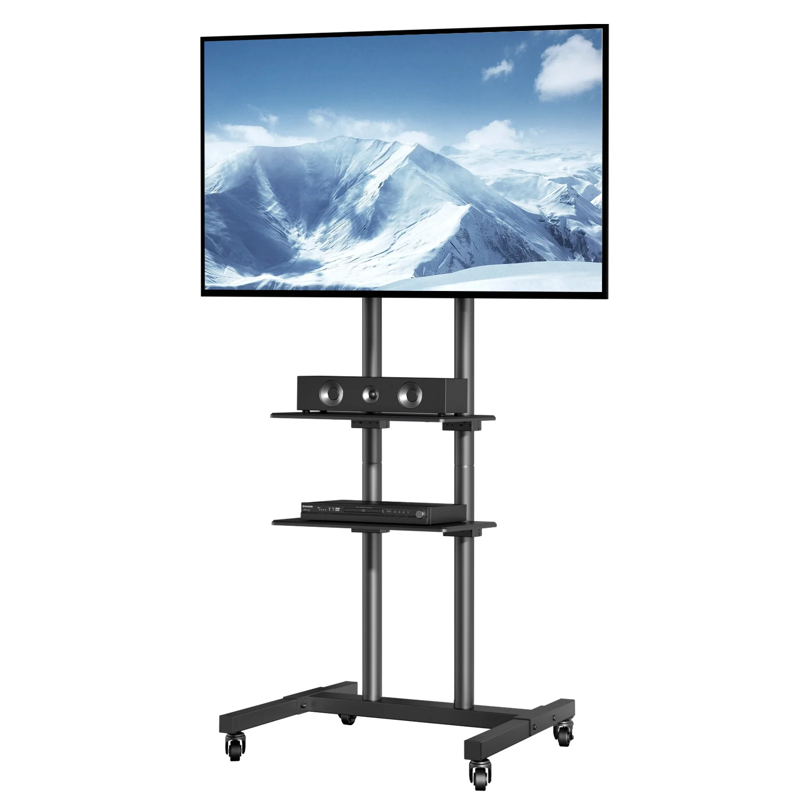 SucceBuy Meuble TV mobile Support TV réglable en hauteur avec roulettes Double plateau pour appareils audiovisuels Meuble TV roulant pour chambre à coucher