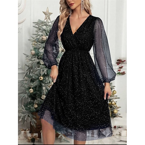 Damen Midikleid Freizeitkleid Cocktailkleid Kleid für Hochzeitsgäste Chiffonkleid Lässig Sport Outdoor Straße Normale Passform Einfach Langarm V Ausschnitt Schwarz Wein Grün Herbst Winter Image