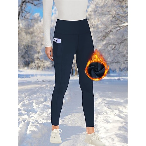 Damen Yogahose Fleece-gefütterte Leggings Yoga-Leggings mit handytasche Hohe Taille Pilates Fitnesstraining Training Strumpfhosen Einfarbig Schwarz Burgund Dunkelmarine Fleece Herbst Winter Sport Image