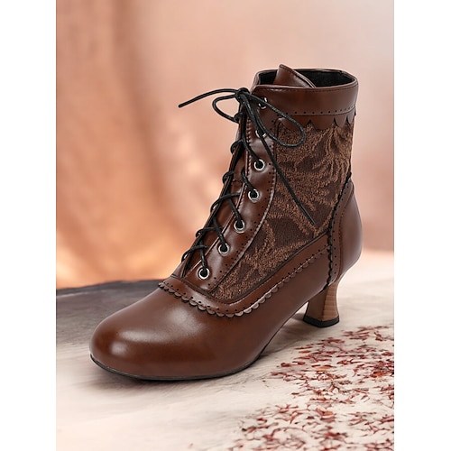 braune viktorianische Stiefeletten zum Schnüren für Damen mit Spitzendesign und kleinem Absatz – Vintage-Stil für Cosplay oder den Alltag Image