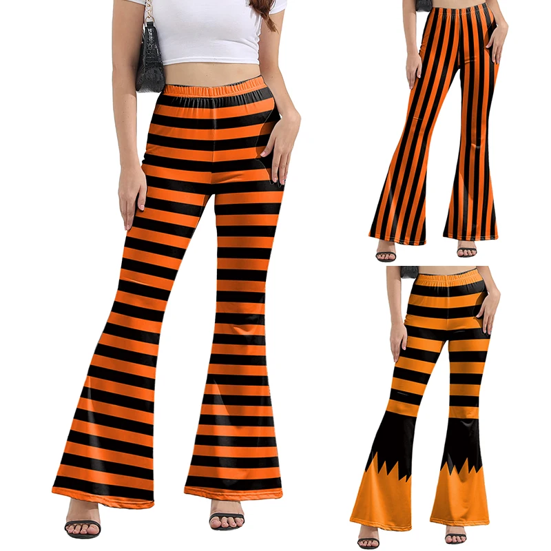 Hip Hop Gestreifte Schlaghose Frauen Orange Vintage Lange Hose Elastische Taille Bühne Leistung Musik Party Sommer Hose
