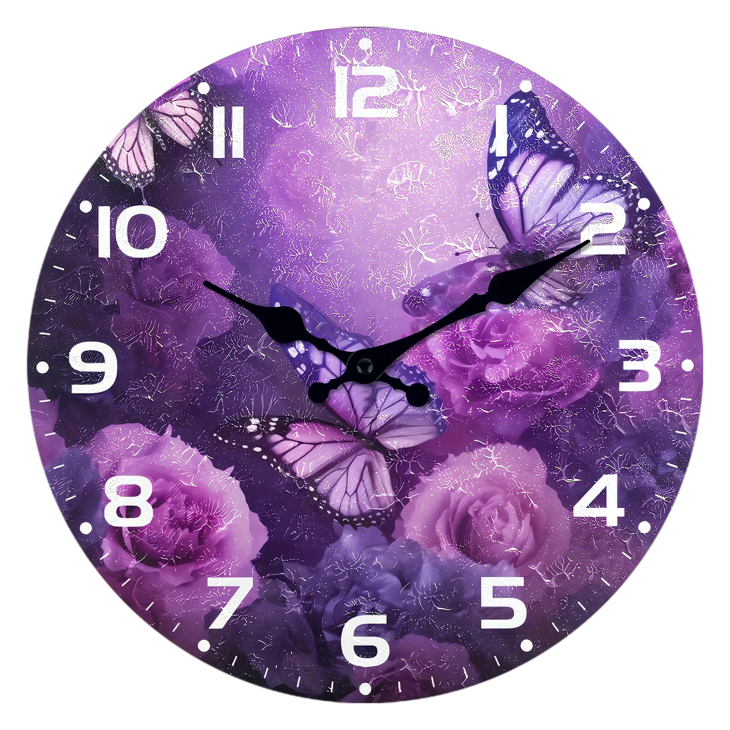 Personalisierte lila Blume Schmetterling Muster Holz Wanduhr Wohnzimmer Schlafzimmer Küche Home Dekoration Wanduhr stille Quarzuhr Urlaub Geschenk 10 Zoll 12 Zoll 14 Zoll 16 Zoll (ohne Batterien)