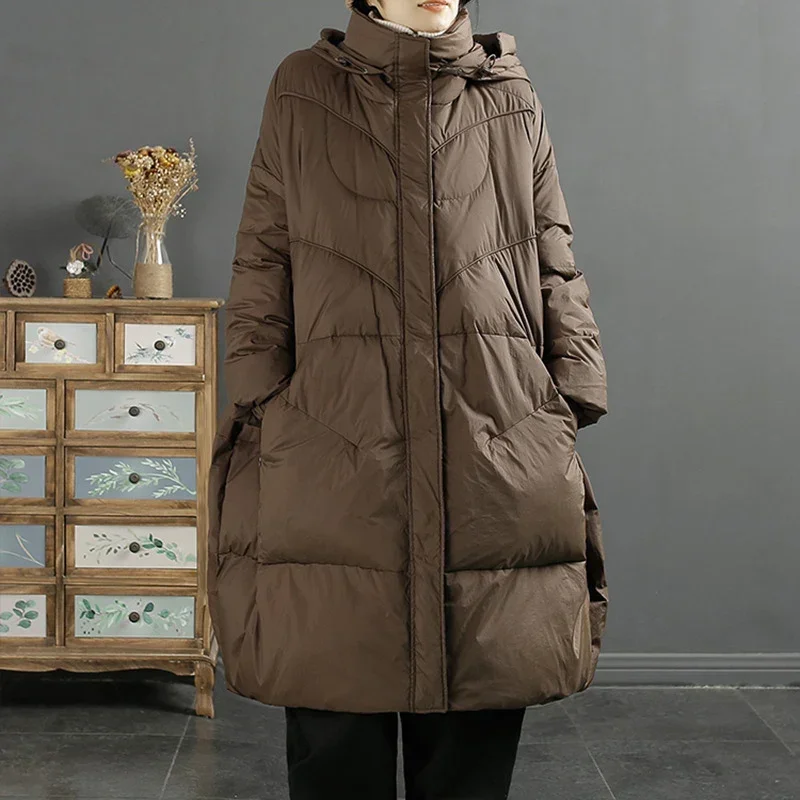 Neue Frauen Unten Jacke Casual Lose Über Größe Herbst Winter Lange Outwear mit Kapuze Warme Weiße Ente Unten Dicken Mantel 2024