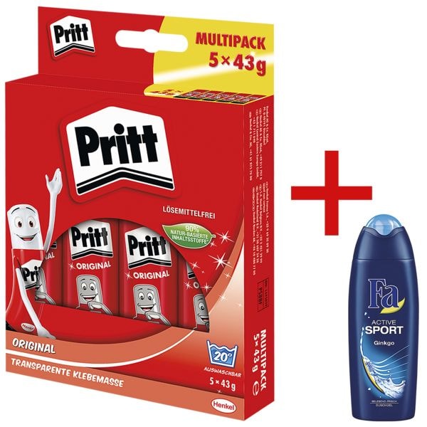 Pritt 5er-Pack Klebestifte »Stick« inkl. Duschgel »Fa - Active Sport«