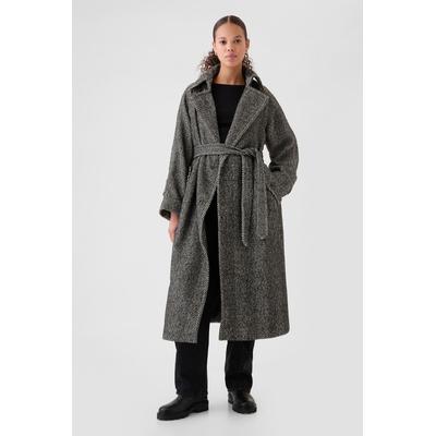 Gap Womens Black Double-Breasted Herringbone Belted Trench Coat - Black