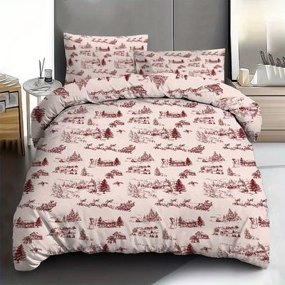 TEMU Christmas Reindeer Sleigh Print Polyester Duvet Cover Set - Soft Comfortable Bedding, Includes 1 Comforter Cover And 2 Pillowcases For Bedroom And