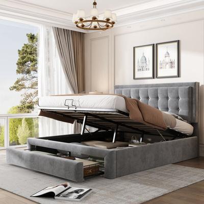 Bett mit Kasten und Schubladen, Samtstoff, Polsterbett, Lattenrost, Doppelbett, großer Stauraum, Image