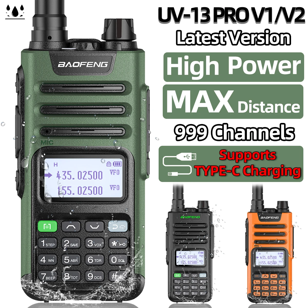 BaoFeng UV-13 PRO V1 V2 Hochleistungs-Dualband-Walkie-Talkie Typ C-Ladegerät 16 km UV13-Transceiver mit großer Reichweite Ham Two Way Radio Image