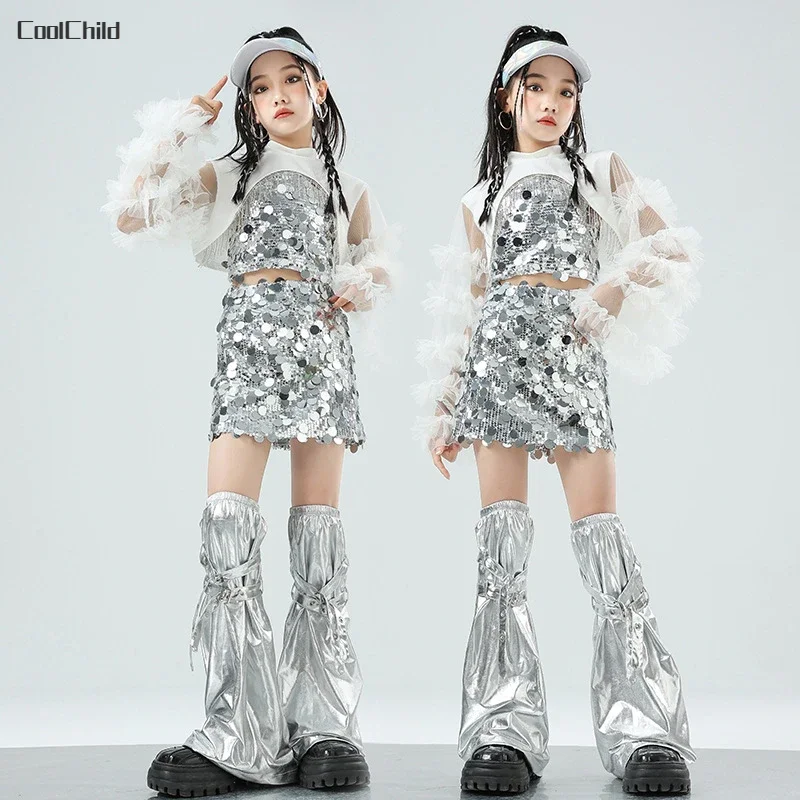 Mädchen Gaze Ernte Top Street Dance Kinder Pailletten Röcke Hip Hop Jazz Silber Minirock Kleidung setzt Kind Streetwear K-Pop Kostüme