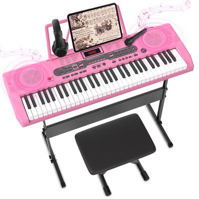 61-Key Pink Electric Keyboard Piano for Beginners with Stand, Bench, Microphone, Headphones, Dual Speakers & Teaching Modes