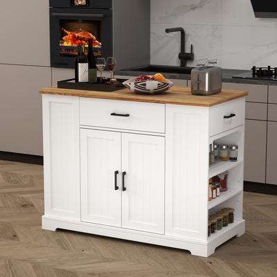 46.2" Multi-Storage Kitchen Island with Rubber Wood Tabletop, Large Farmhouse Kitchen Cart Storage Cabinet for Kitchen