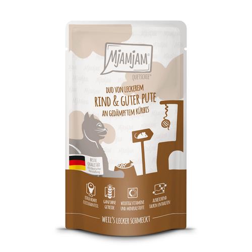 Sparpaket 24x125g MjAMjAM Quetschie Rind & Pute Katzenfutter nass