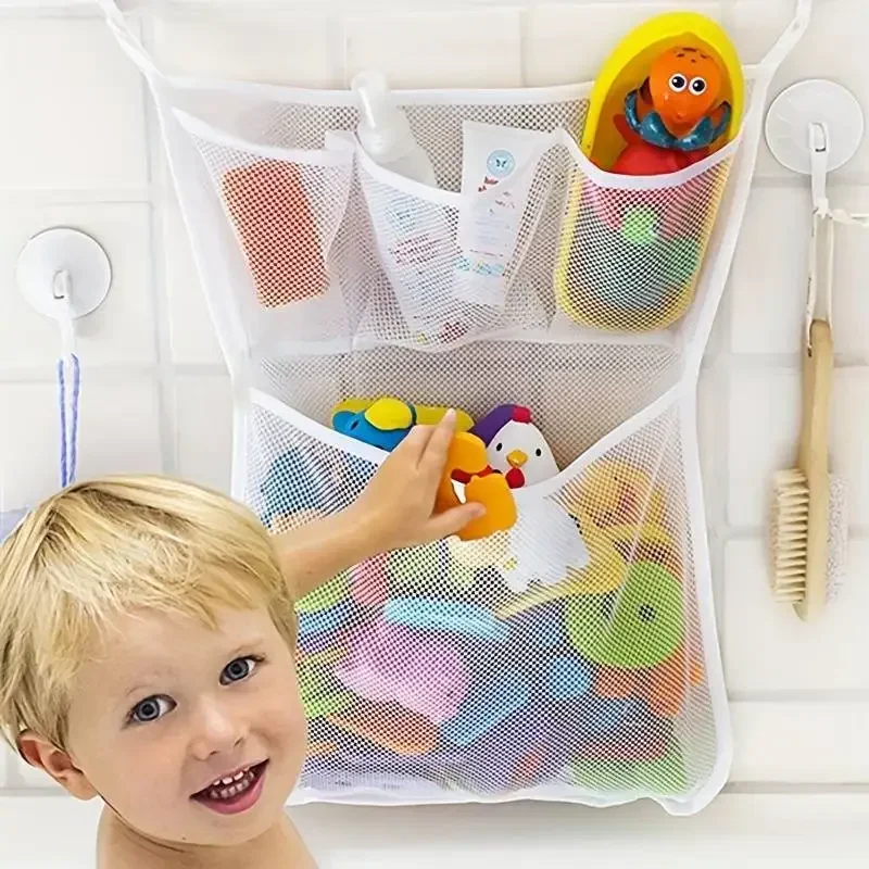 Sac en maille pour salle de bain à domicile, rangement de jouets de bain pour réception-cadeau pour bébé avec ventouses fortes, pochette de rangement de jouets de salle de bain pour enfants en bas âge