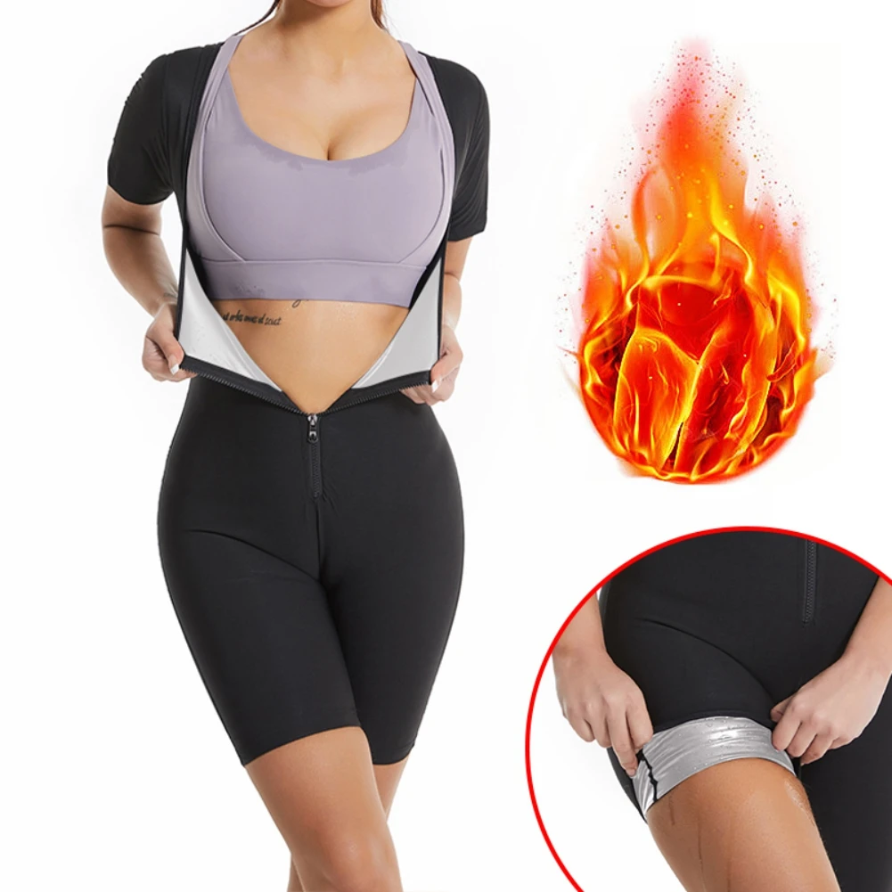Heim-Saunaanzug für Damen, Schwitzweste, Taillentrainer, 3-in-1, schlankmachendes Ganzkörperformer-Workout-Fitness-Top mit Ärmel-Shorts Image