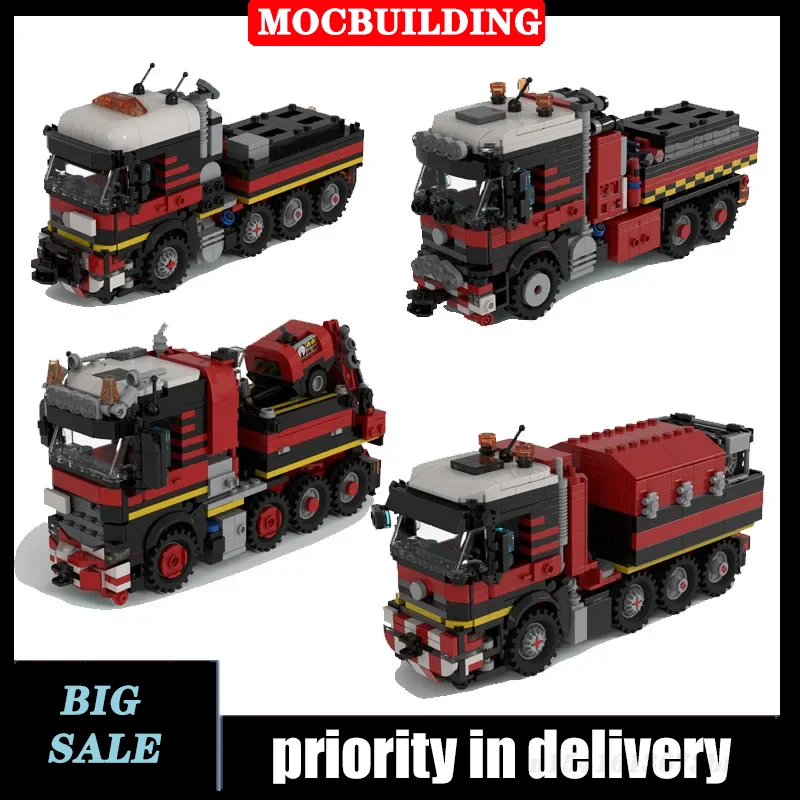 MOC Urban Heavy Cargo Transport Traktor 8x4 Vorschaltgerät Traktor mit montiertem Kran 6x4 Modell Baustein Set Junge Spielzeug Geschenk Image