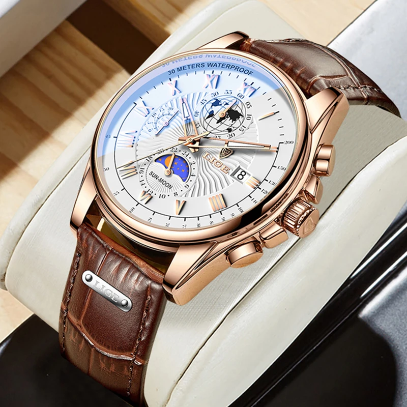 Neue Original Leder Uhr Für Männer LIGE Top Marke Luxus Herren Uhren Mode Militärische Wasserdichte 24 Stunden Mond Phase Uhr Männer