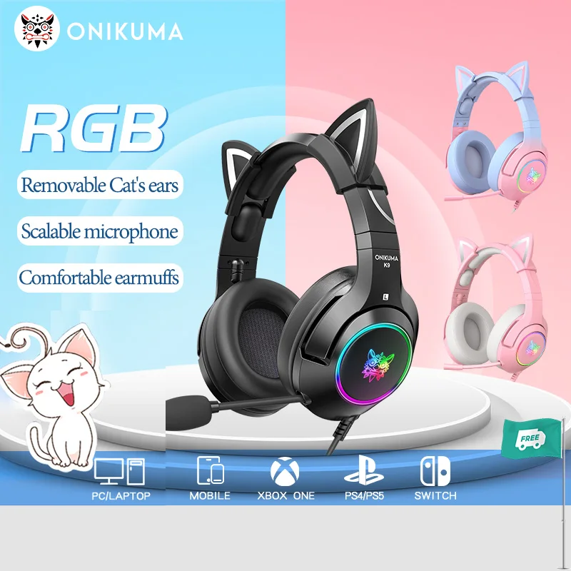 ONIKUMA K9 Kabelgebundene Kopfhörer mit RGB-Licht, flexibles HD-Mikrofon, 3,5-mm-Gaming-Headset, Computer-Kopfhörer für PC, Gamer, PS4, XBox