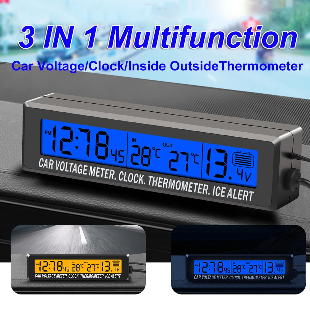 Auto Digitaluhr Innen Außen Auto Temperatur Thermometer Batterie Spannung Monitor Meter LED Hintergrundbeleuchtung mit Zigarette Buchse Image