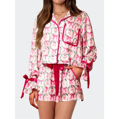 2025 Christmas Pajamas for Women Bow Tie Long Sleeve Shirt Shorts Satin Silk Funny Graphic 2 Piece