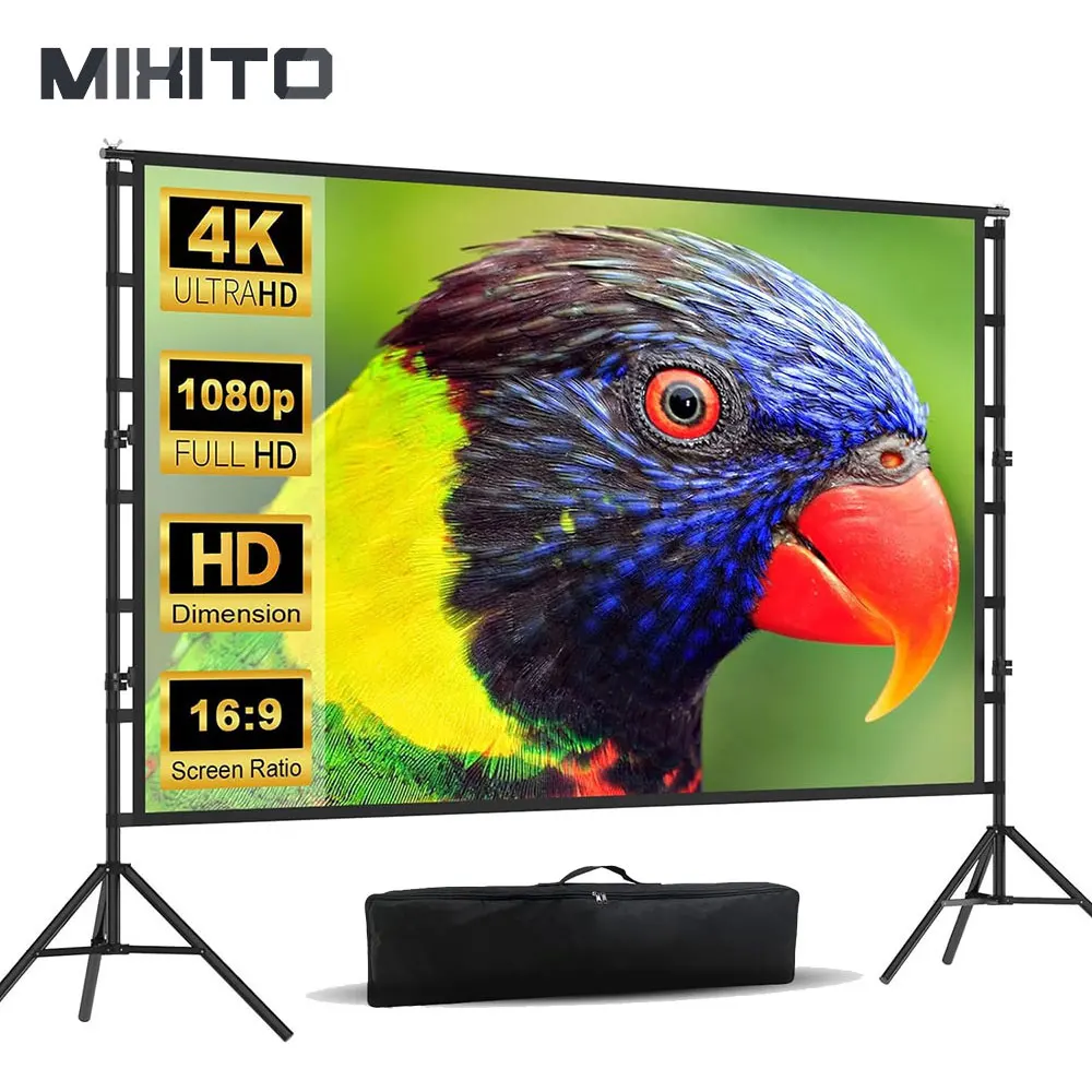 MIXITO knitterfrei 160 ° Betrachtungswinkel-Projektorleinwand mit Ständer, weiß, 60–150 Zoll, doppelseitiger Bildschirm, Heimkino im Freien Image