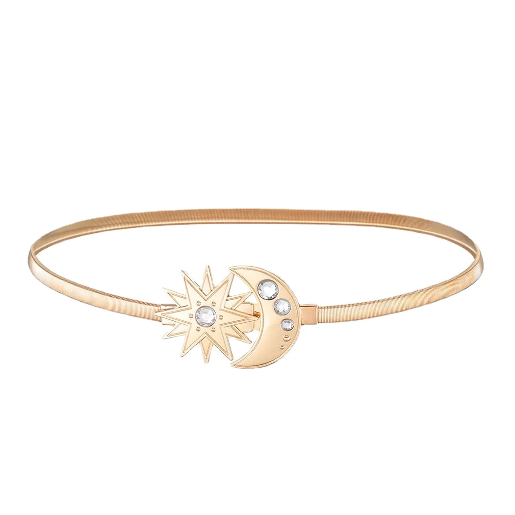 Metall Hüftgurt Gold Skinny Moon Sonne Taille Kette elastischen Kleid Gürtel Strass Schnalle Bund Schmuck für Frauen und Mädchen Image
