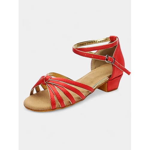 Damen-Sandalen aus Satin für lateinamerikanische Tänze mit Riemchendesign, weicher Wildledersohle und niedrigem Absatz – perfekt für Standardtänze, Salsa und Gesellschaftstänze Image