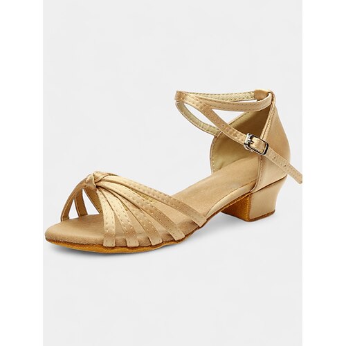 Damen-Sandalen aus Satin für lateinamerikanische Tänze mit Riemchendesign, weicher Wildledersohle und niedrigem Absatz – perfekt für Standardtänze, Salsa und Gesellschaftstänze Image