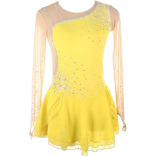 Eiskunstlaufkleid Damen Mädchen Eislaufen Kleid Schwarz Gelb Rot Asymmetrischer Saum Netzstoff Hohe Elastizität Training Wettbewerb Eiskunstlaufkleidung Klassisch Kristall / Strass Langarm Eislaufen Image