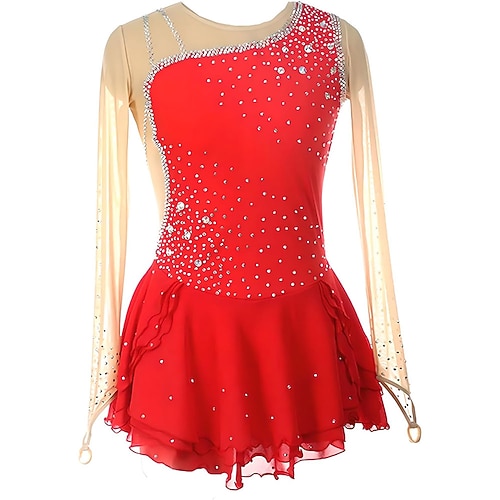 Eiskunstlaufkleid Damen Mädchen Eislaufen Kleid Schwarz Gelb Rot Asymmetrischer Saum Netzstoff Hohe Elastizität Training Wettbewerb Eiskunstlaufkleidung Klassisch Kristall / Strass Langarm Eislaufen Image