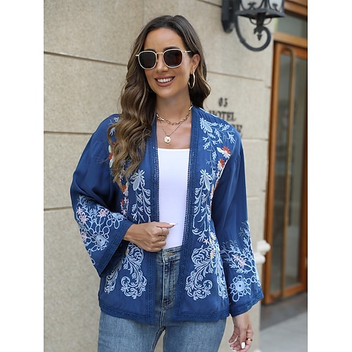 Damen Boho-Hemd Schultertücher Bestickt Blumen Blume Lässig Boho Langarm Glockenärmel Asymmetrisch Normale Oberteile Täglich Arbeit Valentinstag Blau Ganzjahres Image