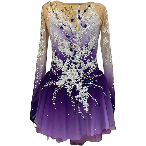 Eiskunstlaufkleid Damen Mädchen Eislaufen Kleid Violett Patchwork Netzstoff Hohe Elastizität Training Wettbewerb Eiskunstlaufkleidung Klassisch Kristall / Strass Langarm Eislaufen Eiskundstlauf Image