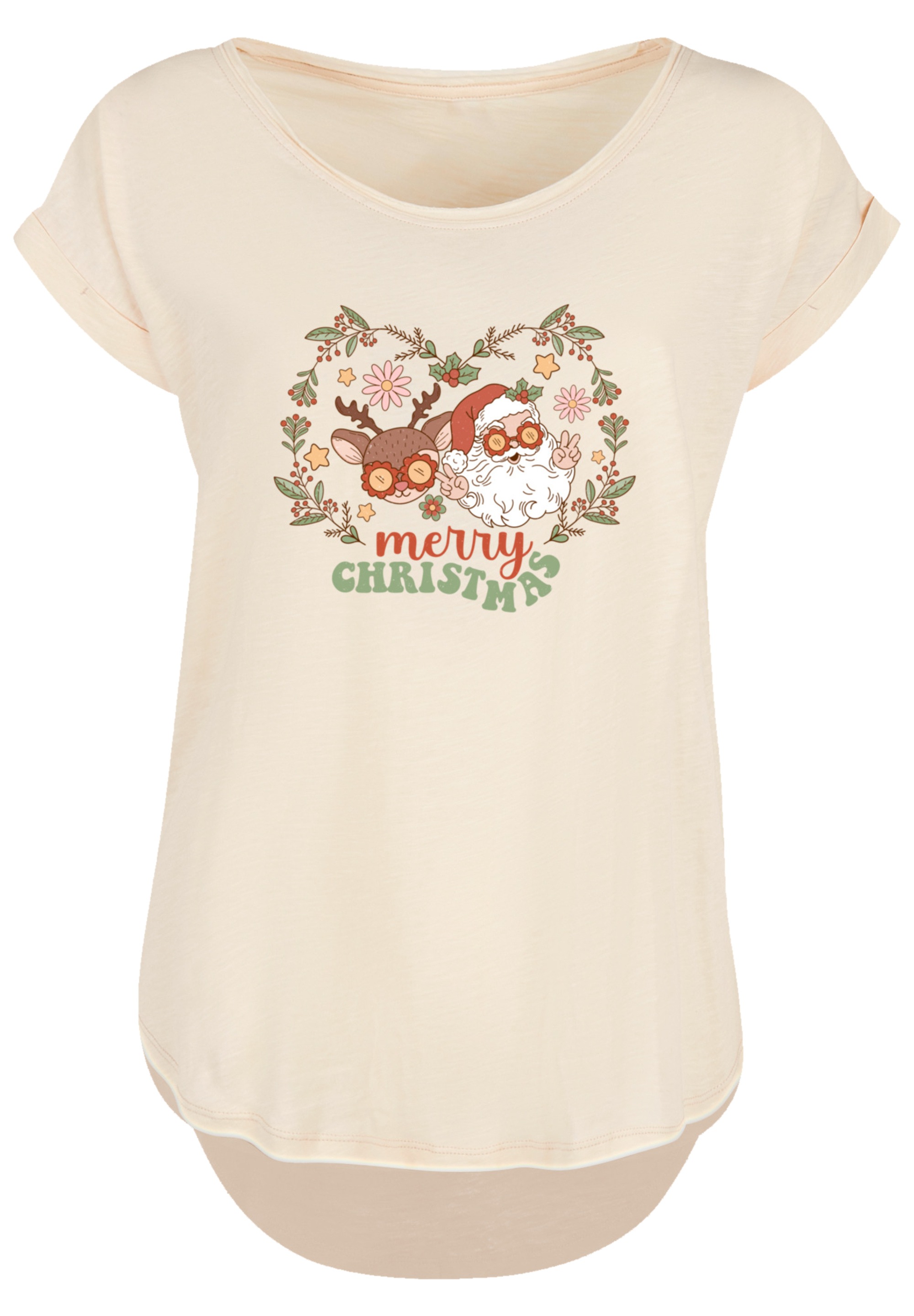 T-Shirt F4NT4STIC "Weihnachten Hippie Santa And Reindeer", Damen, Gr. M, weiß (sandweiß), Obermaterial: 100% Baumwolle, regular fit, Rundhals, ohne Bündchen, Shirts T-Shirt, Premium Qualität, Weihnachts-Kollection