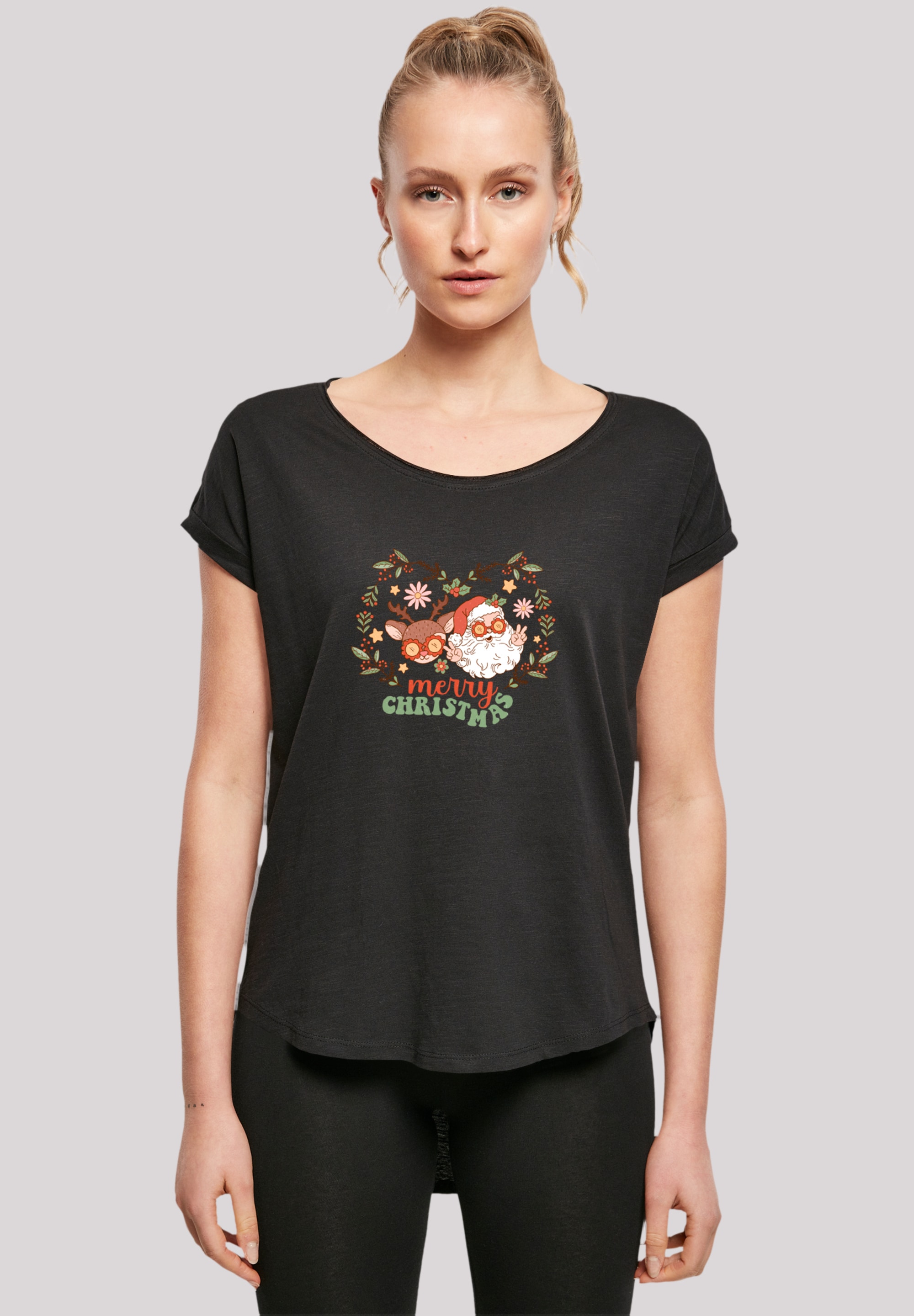 T-Shirt F4NT4STIC "Weihnachten Hippie Santa And Reindeer", Damen, Gr. L, schwarz, Obermaterial: 100% Baumwolle, regular fit, Rundhals, ohne Bündchen, Shirts T-Shirt, Premium Qualität, Weihnachts-Kollection