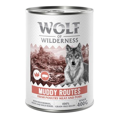 5 + 1 gratis! 6 x 400 g Wolf of Wilderness - SENIOR: Muddy Routes - Geflügel mit Schwein