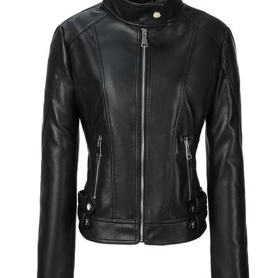 TEMU Women's Slim-fit Leather Jacket With Stand Collar - Zipper Front, Long Sleeves, Lightweight & Stylish For Casual Or Outfits, Versatile Jacket | Modern Jacket | Sleek Construction Image